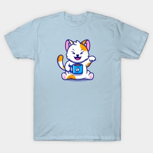 Cute Cat With Coffee Cup Cartoon T-Shirt